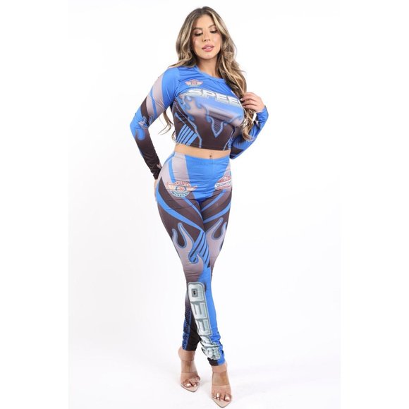 Women's Speed Motors Racer Racing Long Sleeve Top and Matching Leggings Set Blue - Picture 3 of 10
